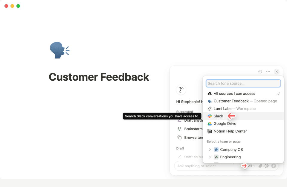 Click on the three-dot menu in the top-right corner of the Notion AI chat to connect to Slack.