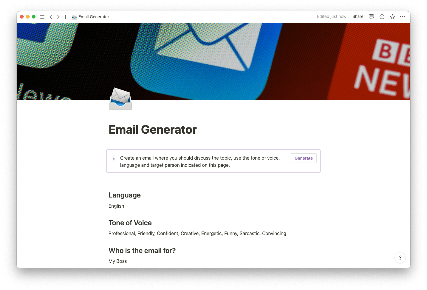 Email generator template