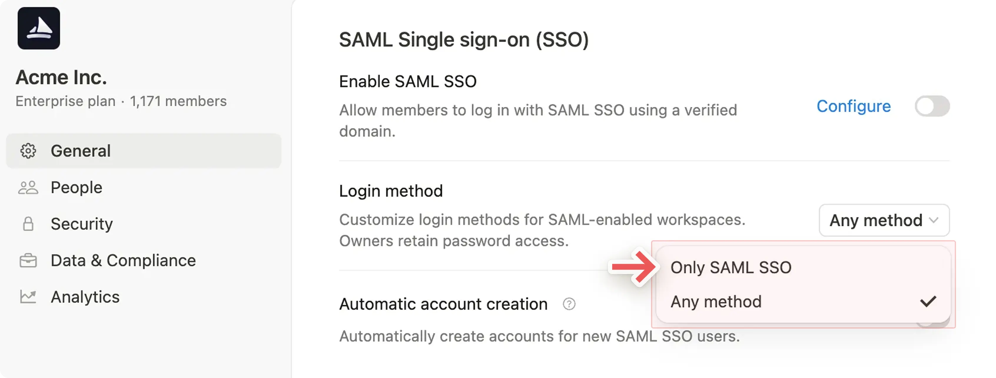 hc: saml sso enforcement org console