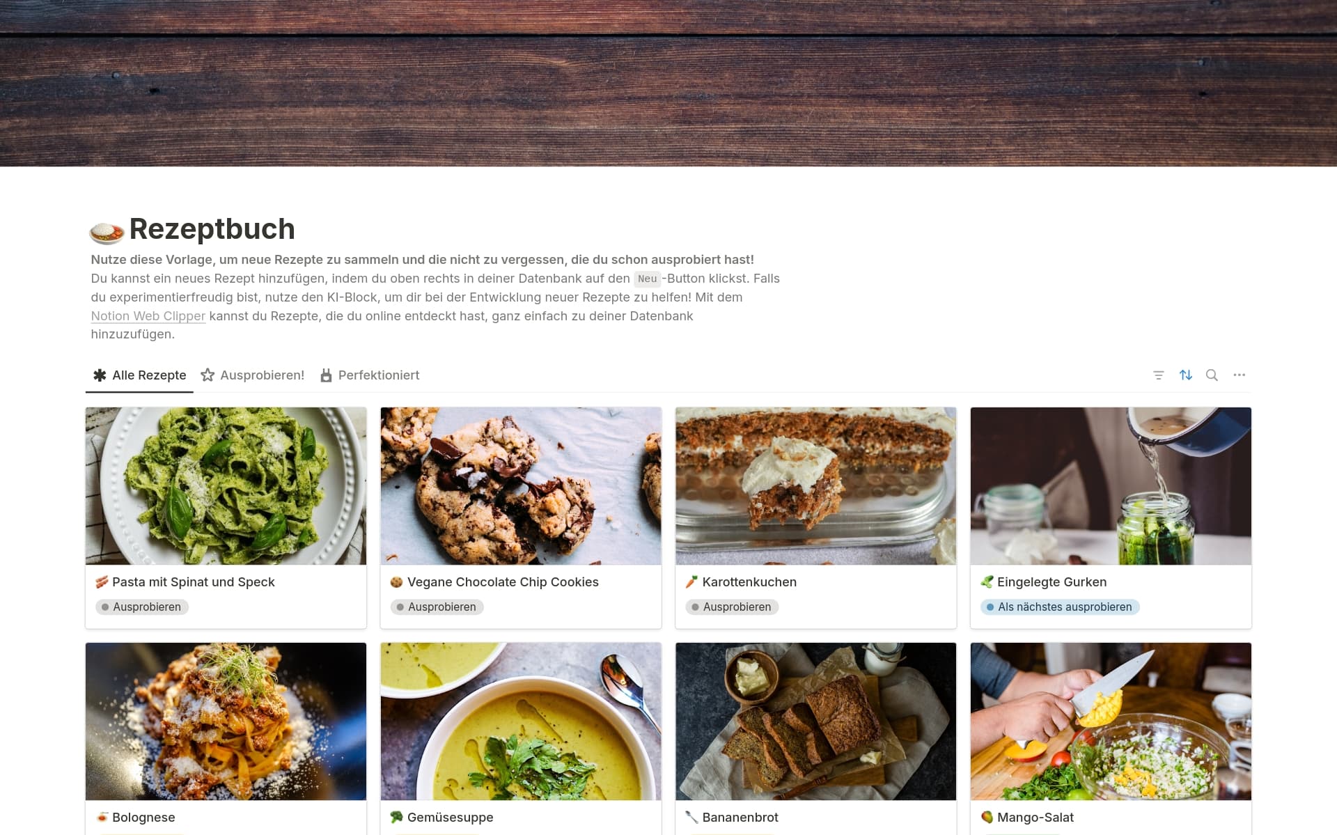Screenshot der Deine Rezeptbox-Sammlung von Notion